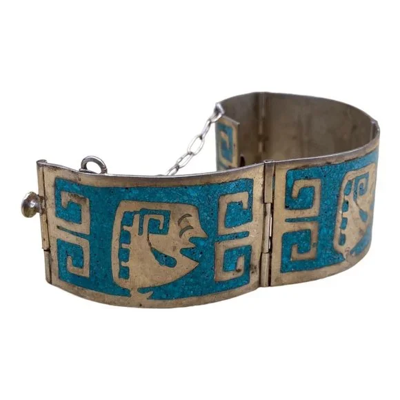 Mexico 925 Sterling Silver Crushed Turquoise Inlay Greek Key Bracelet READ